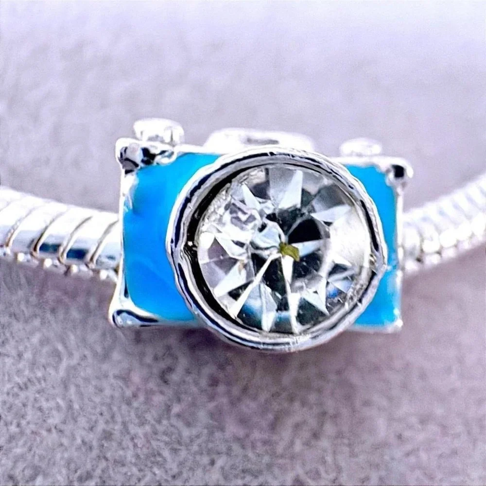 Camera Charm Blue Enamel‎ Crystal Lens Silver Tone Photography Bead fits PANDORA